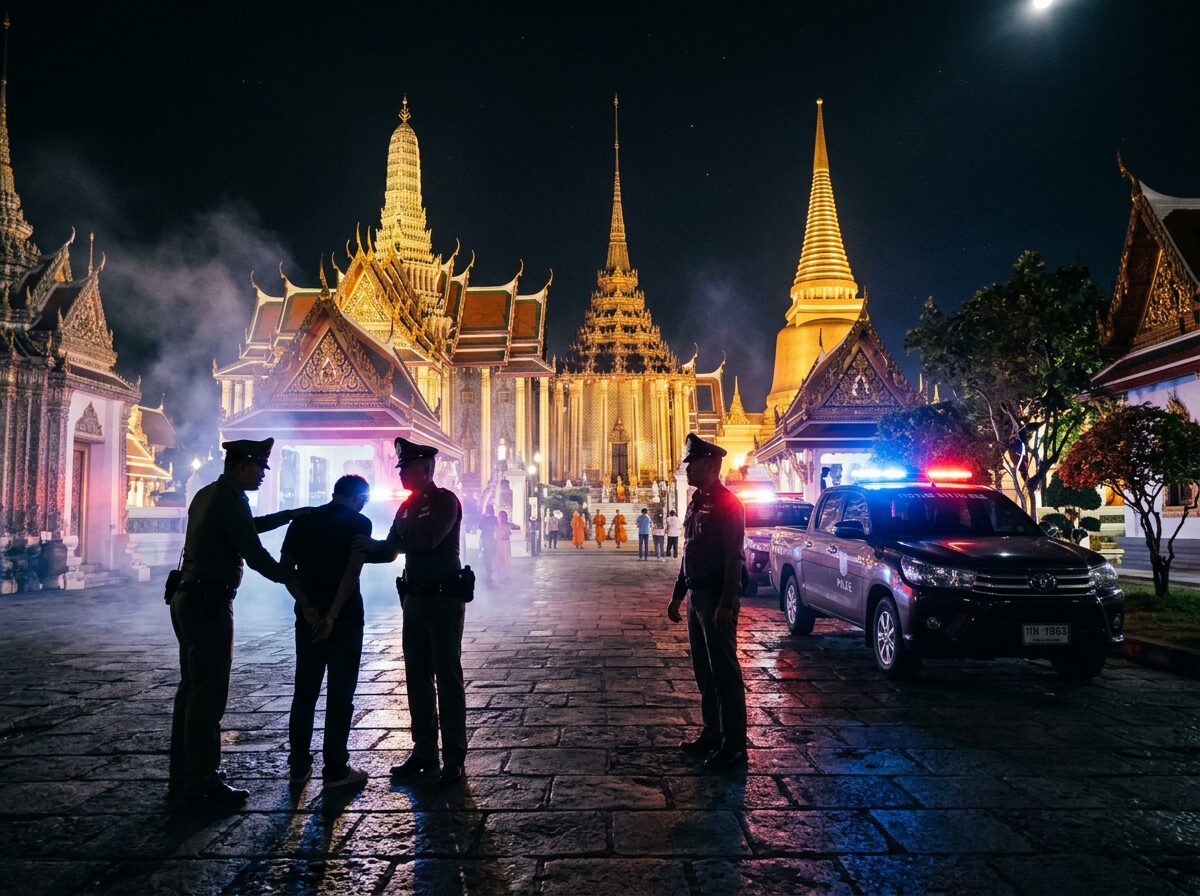 Police officers arresting a suspect at night in front of a large illuminated temple complex with police vehicles