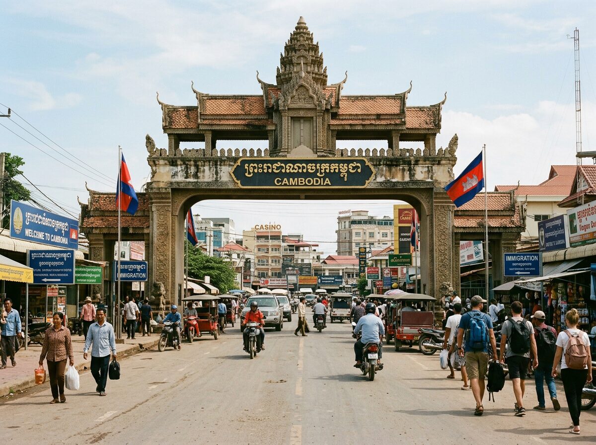 Traditional Cambodian gate archway at border crossing with people walking and motorbikes